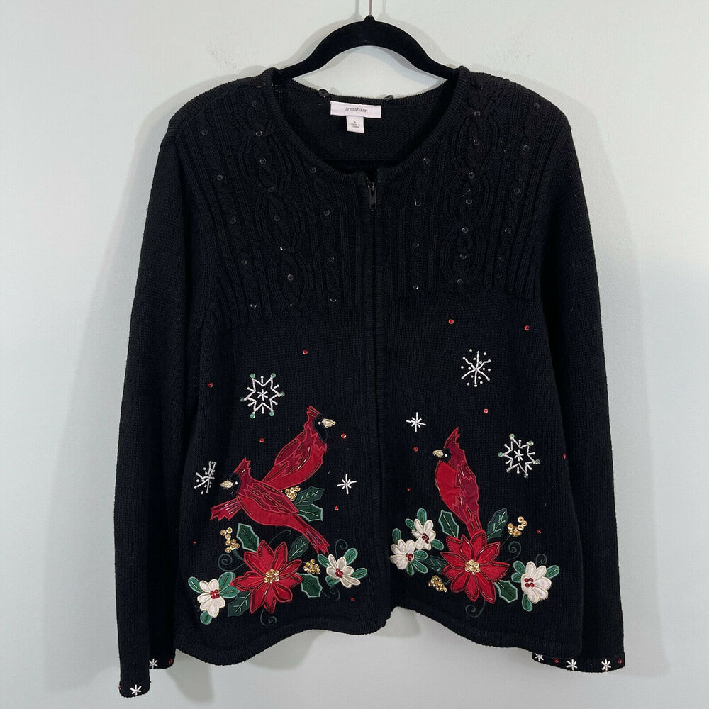 Vintage Dressbarn Women's Black Cardinals Embellished Holiday Sweater Size L